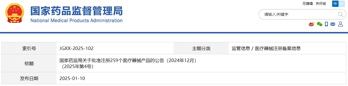 國家藥監(jiān)局關(guān)于批準(zhǔn)注冊259個(gè)醫(yī)療器械產(chǎn)品的公告（2024年12月）(圖1)